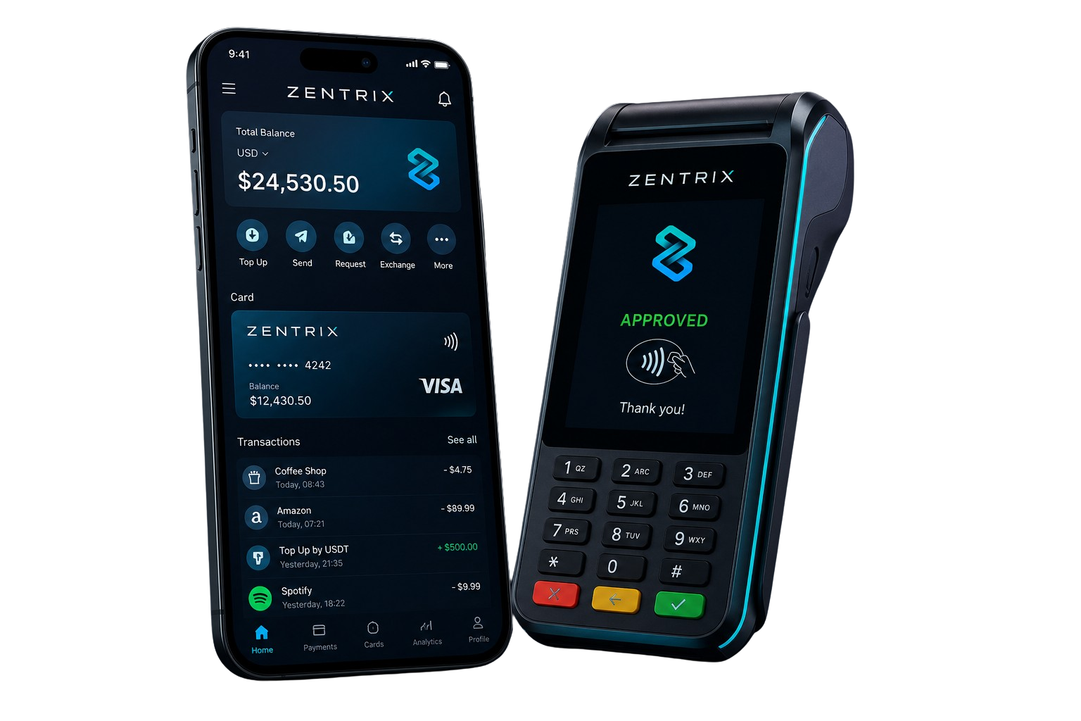 ZENTRIX mobile app next to a payment terminal showing an approved payment